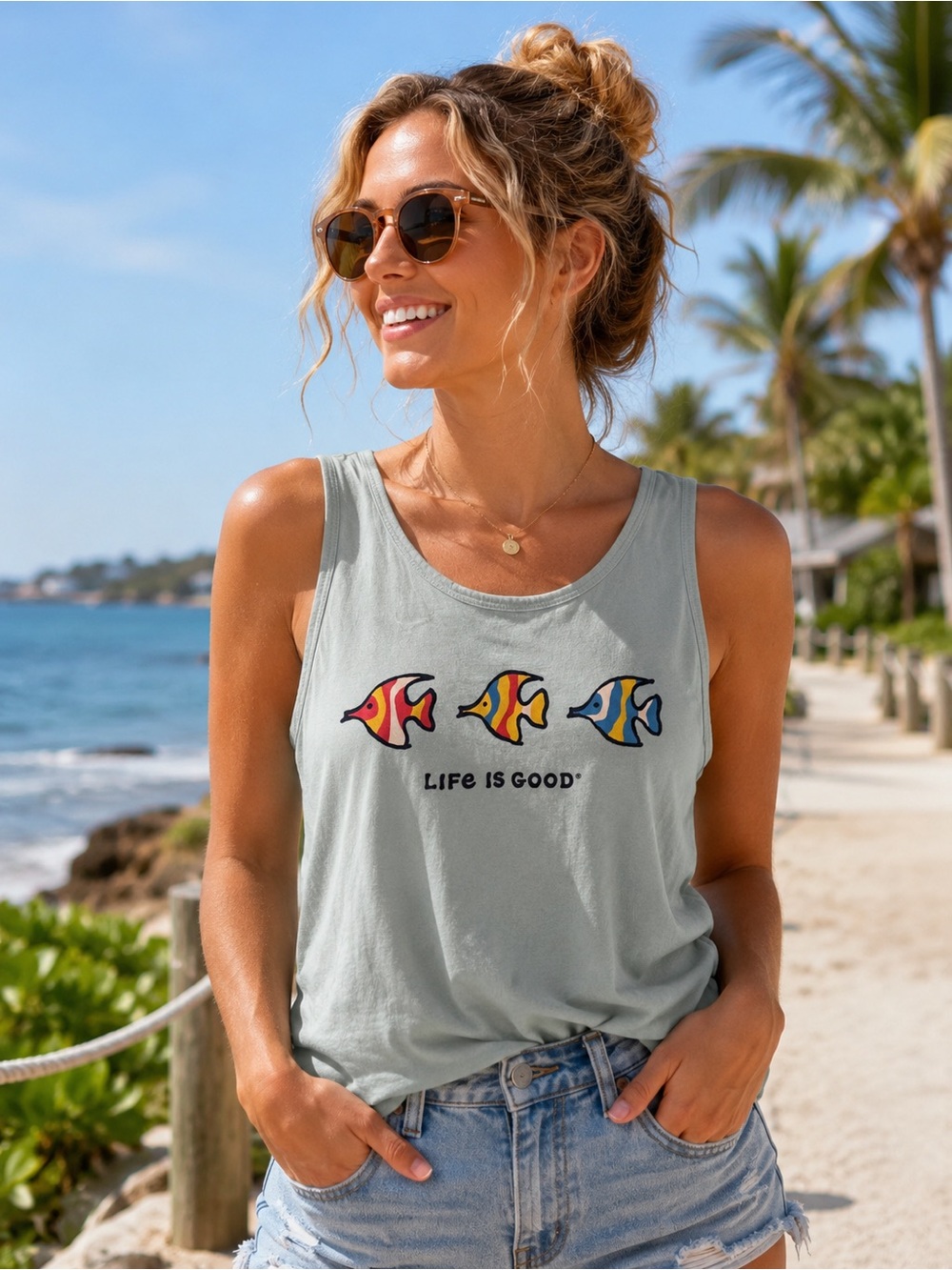 Life Is Good Light Blue Tank Top with Colorful Fish Trio